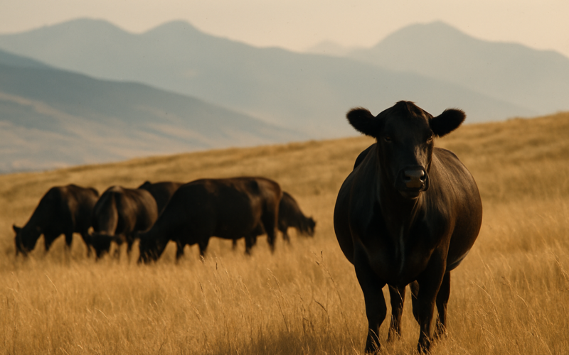 Mature black cows grazing on dry summer Montana foothill pasture with one cow standing apart from the herd