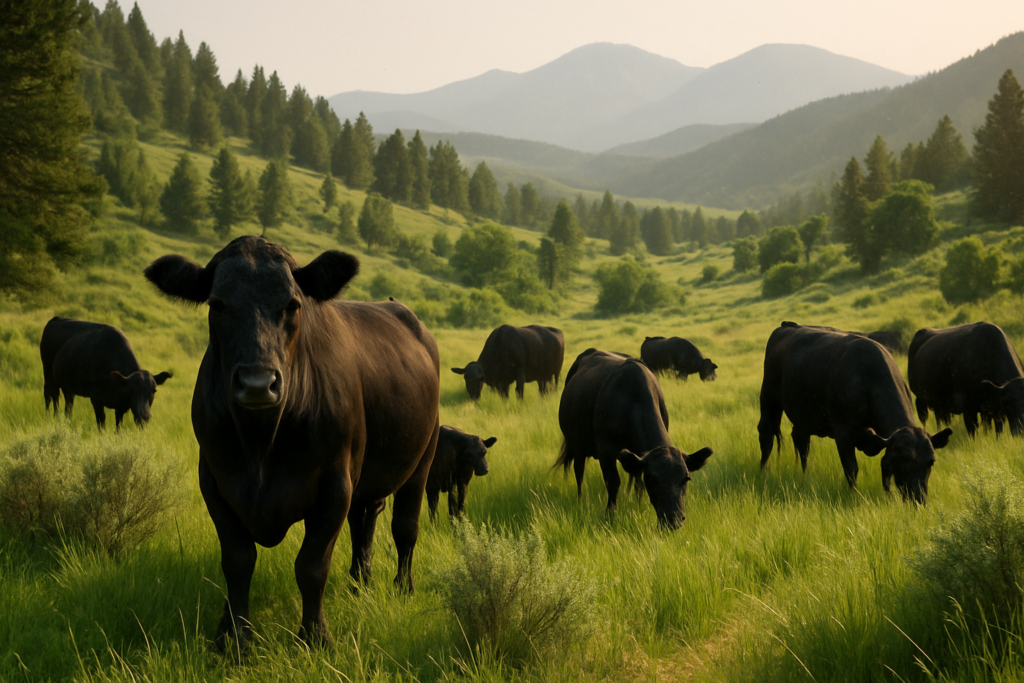 Black cattle grazing in a brushy Montana foothill pasture with timbered draws in early summer light
