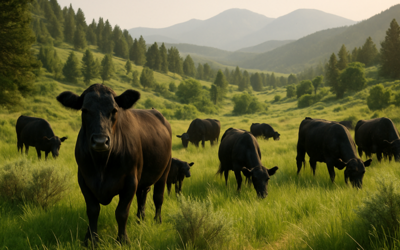 Black cattle grazing in a brushy Montana foothill pasture with timbered draws in early summer light