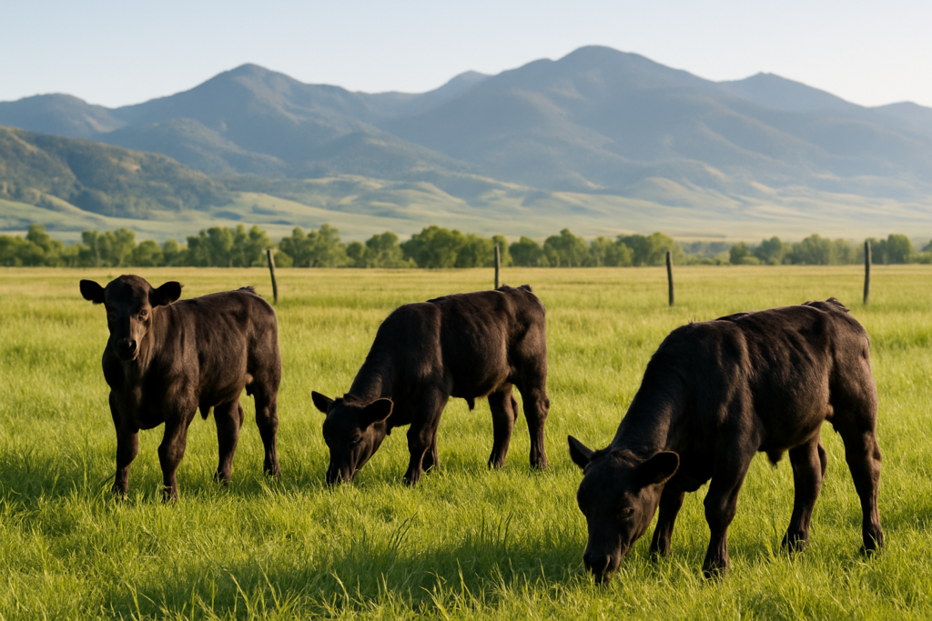 Black Angus calves grazing on green summer pasture in the Montana foothills with mountains in the background