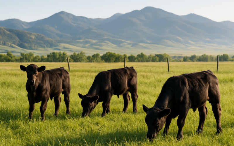 Black Angus calves grazing on green summer pasture in the Montana foothills with mountains in the background
