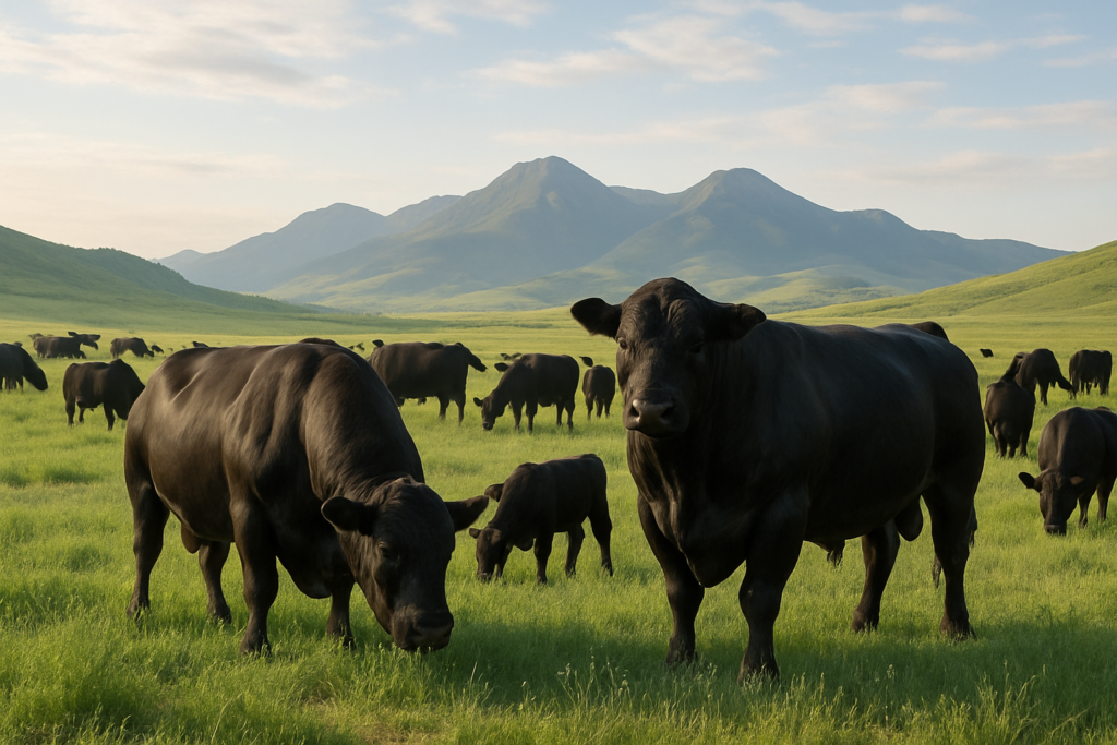 Black bulls and cows grazing on green summer pasture in the Montana foothills under a clear sky
