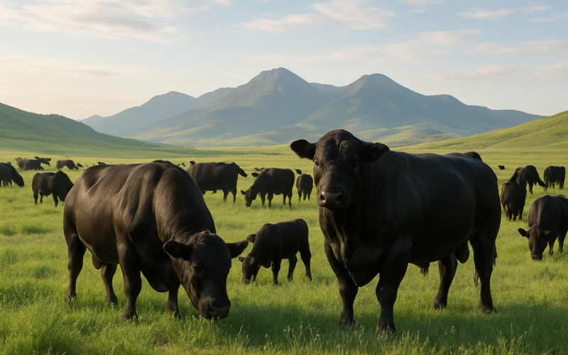 Black bulls and cows grazing on green summer pasture in the Montana foothills under a clear sky