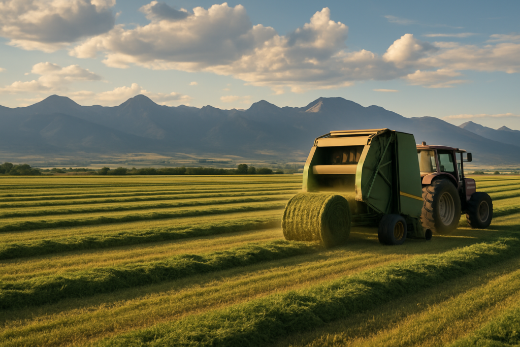 A round baler working green windrows of first-cutting alfalfa on a Montana hay meadow with mountains in the distance