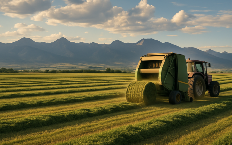 A round baler working green windrows of first-cutting alfalfa on a Montana hay meadow with mountains in the distance