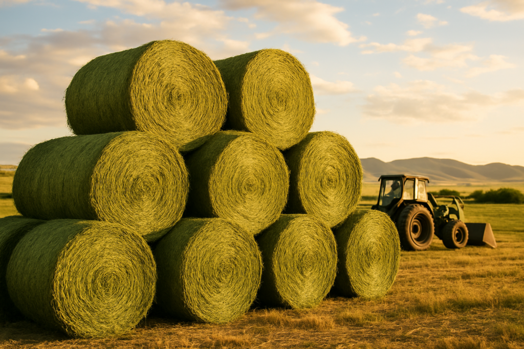 Rows of freshly baled round hay stacked in a Montana ranch yard with foothills in the background under late-day summer light