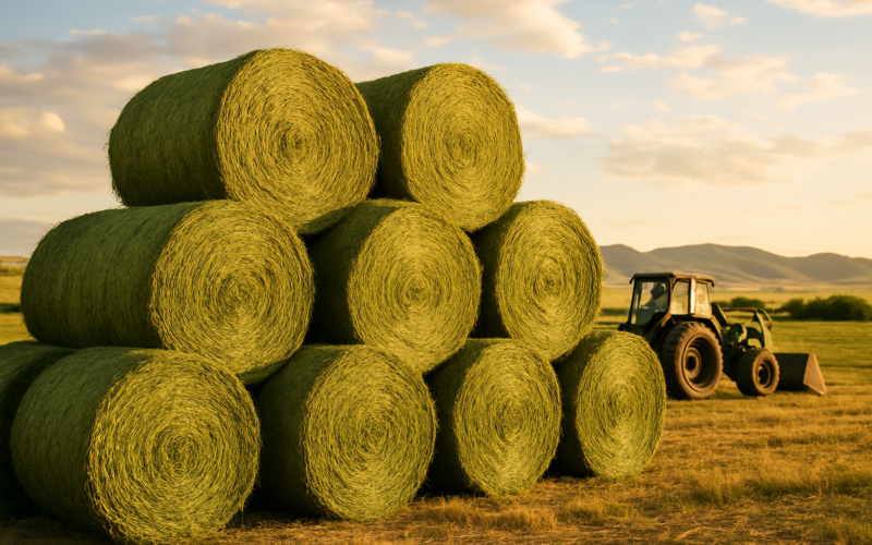 Rows of freshly baled round hay stacked in a Montana ranch yard with foothills in the background under late-day summer light
