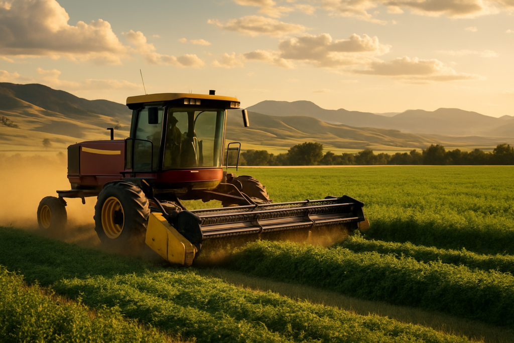 A swather cutting a green alfalfa field on a Montana ranch with foothills and open sky behind it in early summer light