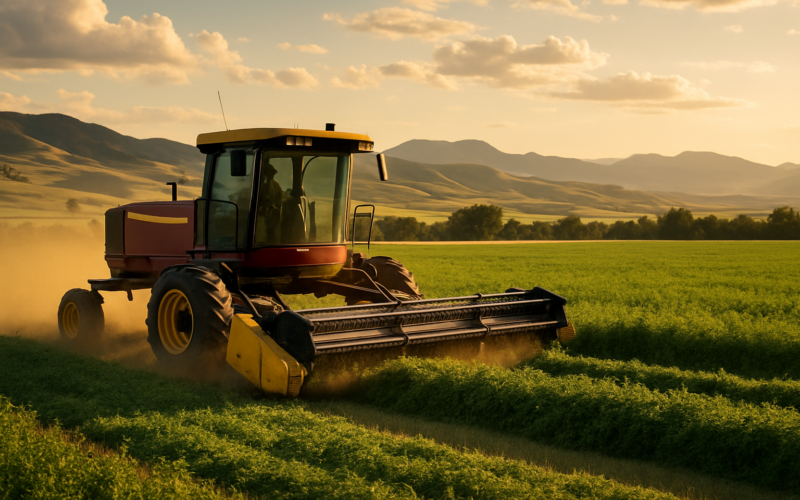 A swather cutting a green alfalfa field on a Montana ranch with foothills and open sky behind it in early summer light