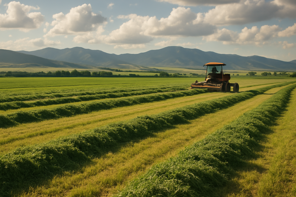Freshly cut alfalfa lying in windrows across a Montana hayfield with foothills and a swather in the background under afternoon light