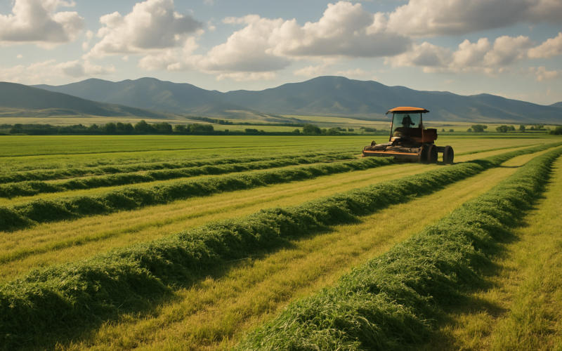 Freshly cut alfalfa lying in windrows across a Montana hayfield with foothills and a swather in the background under afternoon light