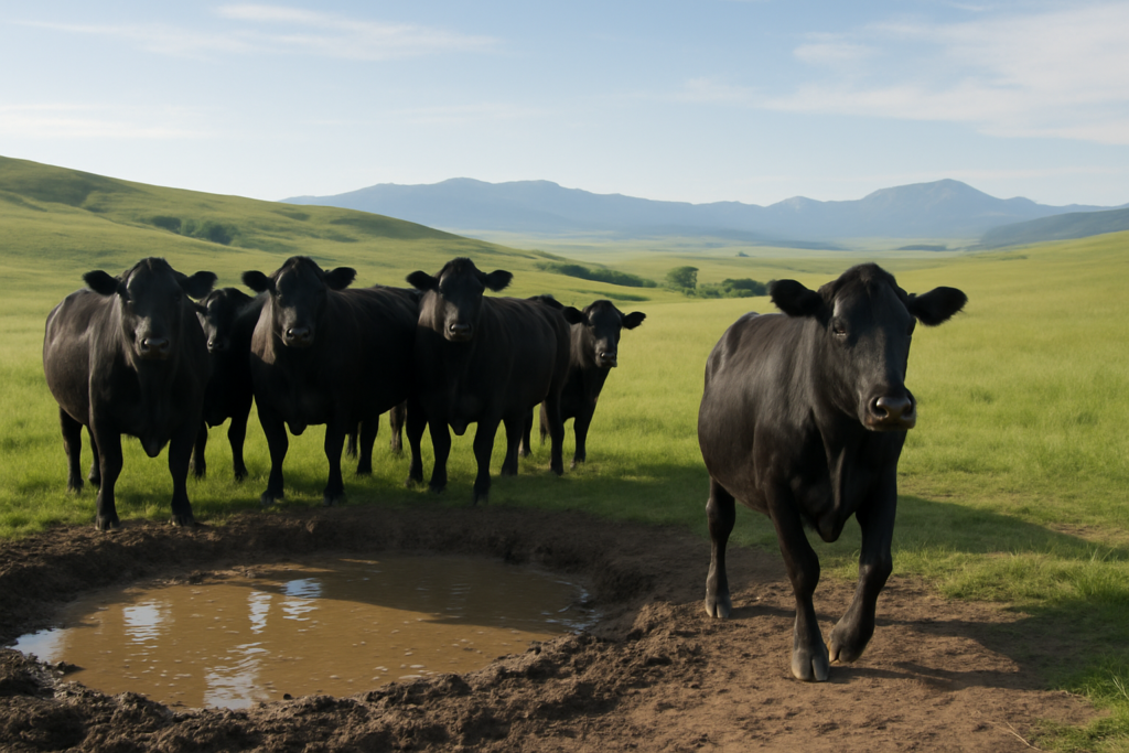 Black cattle near a muddy stock tank on a green Montana summer pasture with hills in the background