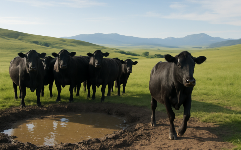 Black cattle near a muddy stock tank on a green Montana summer pasture with hills in the background