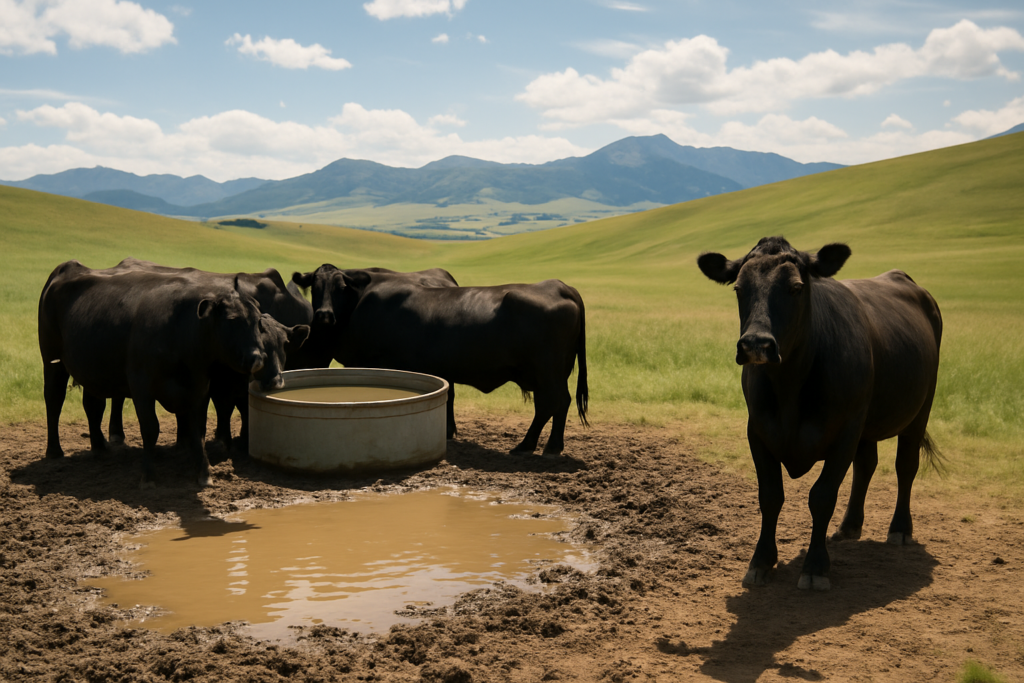 Black cattle gathered around a muddy stock tank on Montana summer range, with one cow standing apart favoring a hind foot