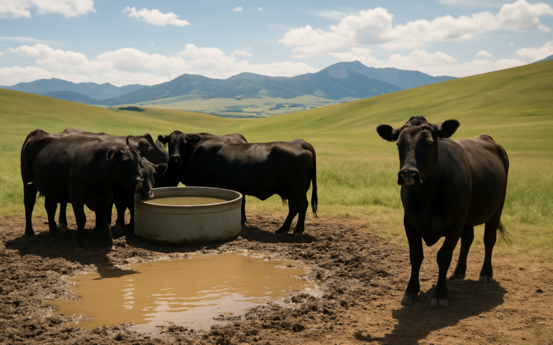 Black cattle gathered around a muddy stock tank on Montana summer range, with one cow standing apart favoring a hind foot