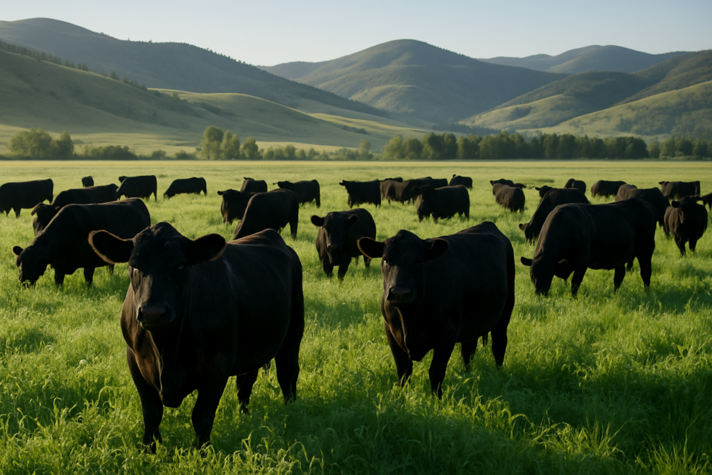 Black cattle grazing a lush green alfalfa-grass meadow on a dewy Montana morning with foothills behind them