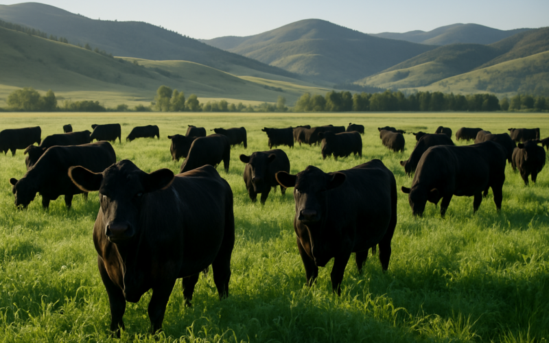 Black cattle grazing a lush green alfalfa-grass meadow on a dewy Montana morning with foothills behind them