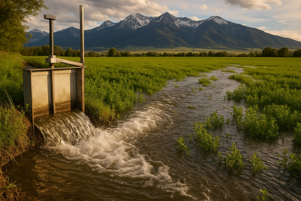 Water spreading from a ditch across a green Montana hay field with snow-streaked mountains in the background