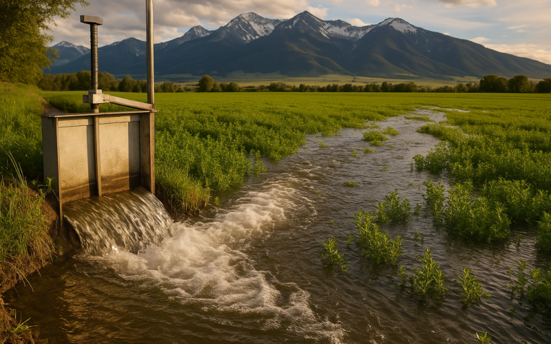 Water spreading from a ditch across a green Montana hay field with snow-streaked mountains in the background
