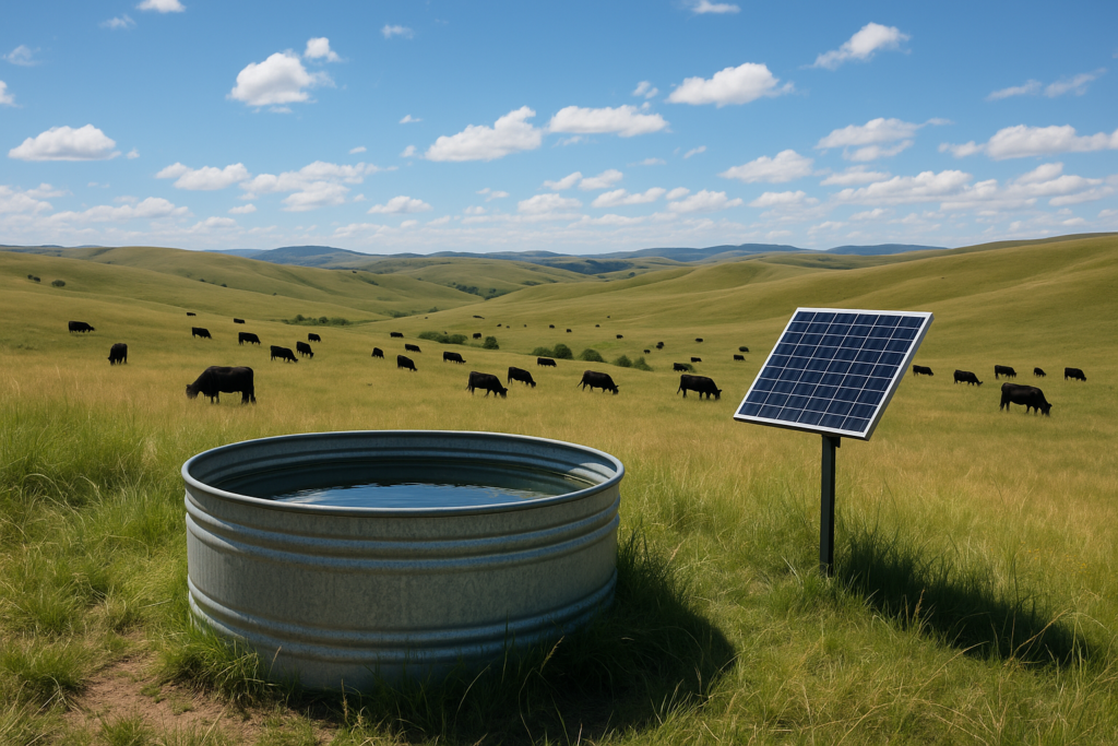 A solar-powered stock tank on a Montana grassland bench with cattle grazing across the foothills behind it