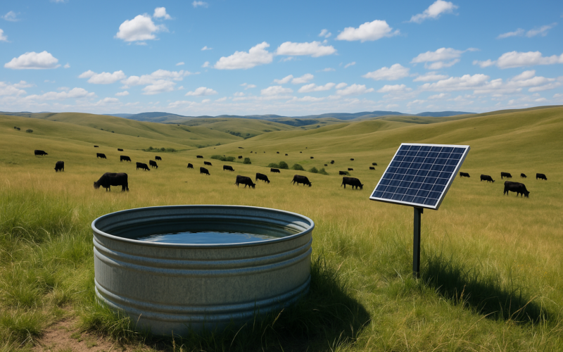 A solar-powered stock tank on a Montana grassland bench with cattle grazing across the foothills behind it