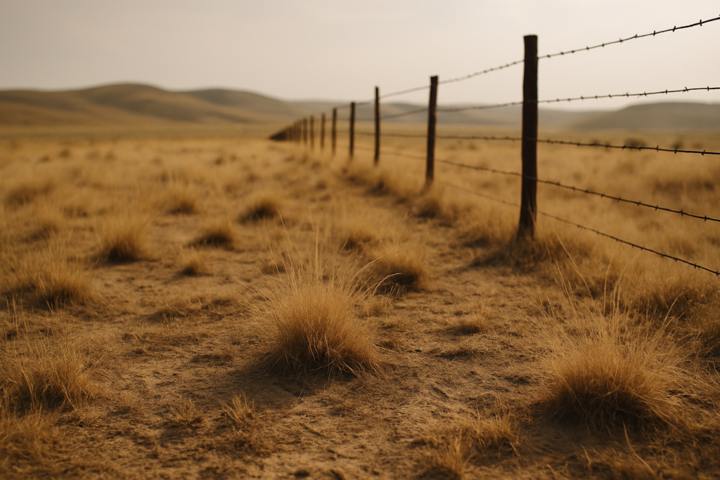 Dry Montana rangeland with sparse bunchgrass and a barbed-wire fence under a hazy summer sky