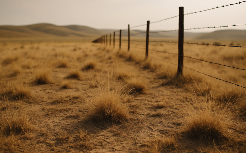 Dry Montana rangeland with sparse bunchgrass and a barbed-wire fence under a hazy summer sky
