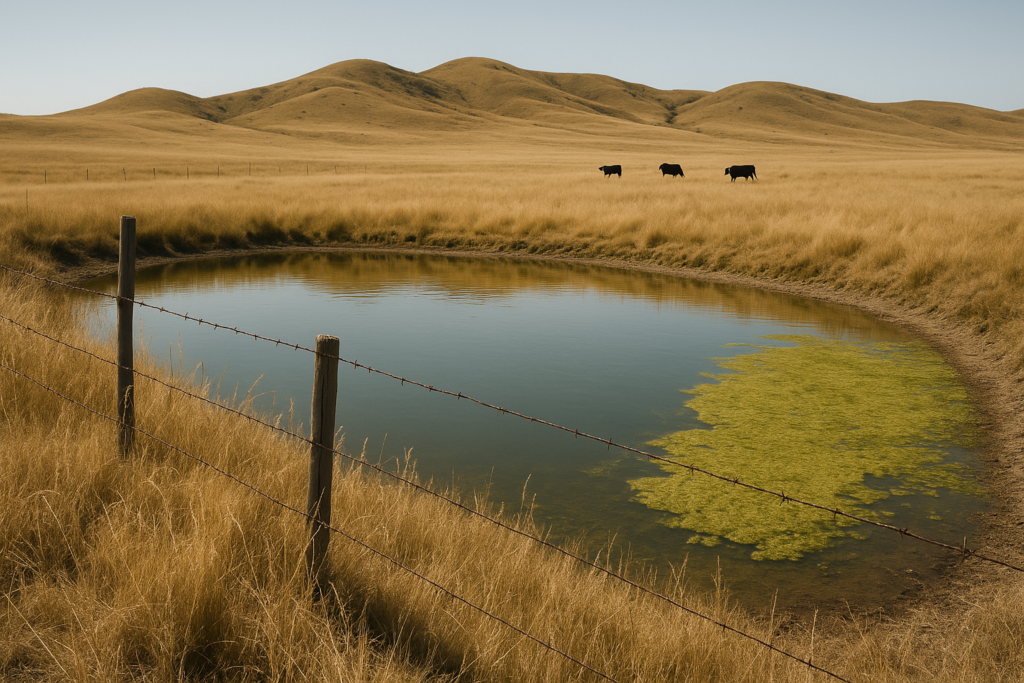 A Montana stock pond with a green algae bloom along the bank under hot summer light, with cattle grazing in the distance