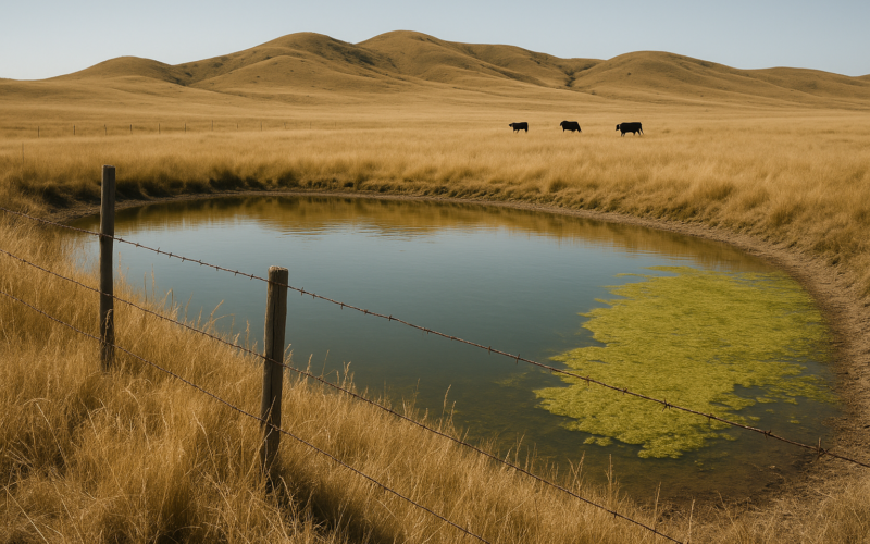 A Montana stock pond with a green algae bloom along the bank under hot summer light, with cattle grazing in the distance