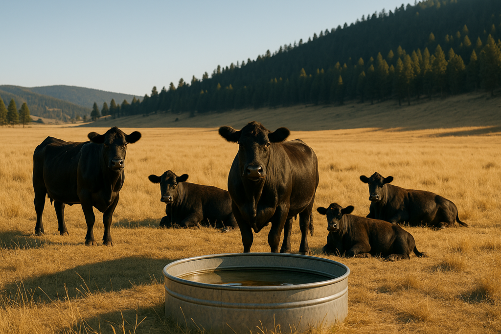 Black cattle gathered near a stock water tank in an open, sun-baked Montana summer pasture with a shaded ridge in the distance