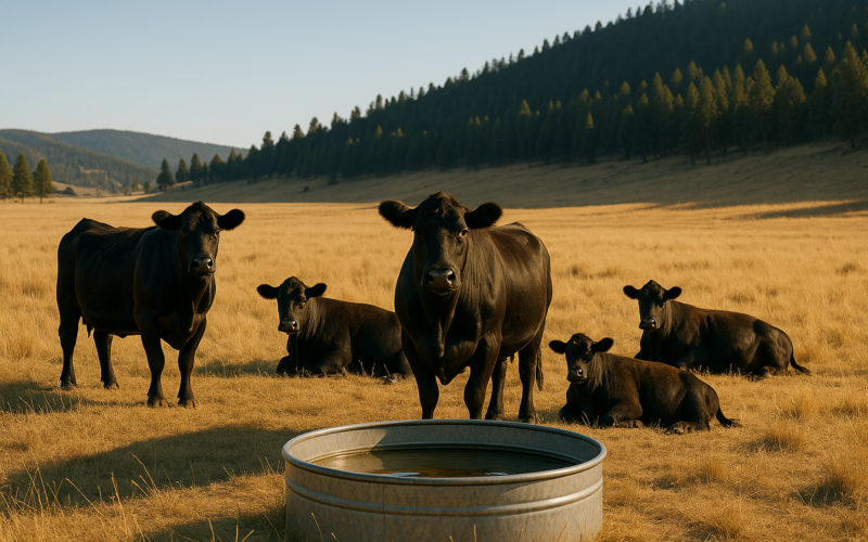Black cattle gathered near a stock water tank in an open, sun-baked Montana summer pasture with a shaded ridge in the distance