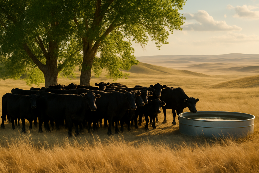 Black cattle gathered in tree shade near a stock tank on a hot Montana summer afternoon