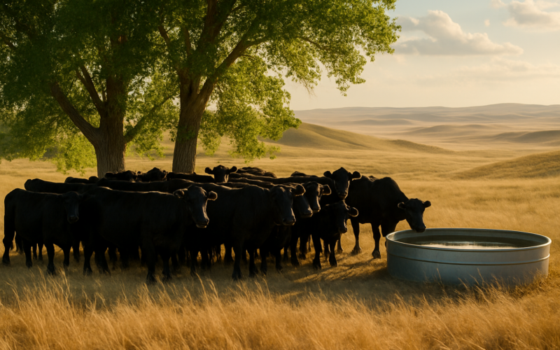 Black cattle gathered in tree shade near a stock tank on a hot Montana summer afternoon