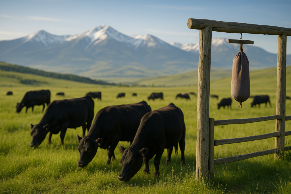 Black cattle grazing a green Montana foothill pasture in early summer with a dust bag hanging in a gateway and mountains in the distance