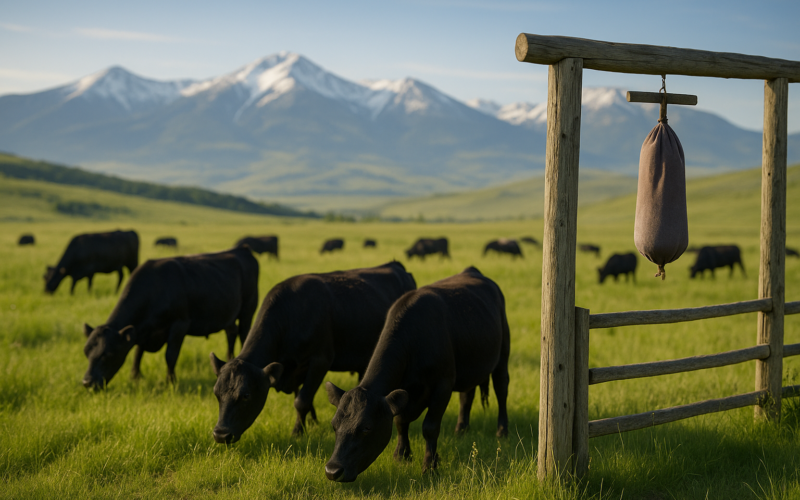 Black cattle grazing a green Montana foothill pasture in early summer with a dust bag hanging in a gateway and mountains in the distance