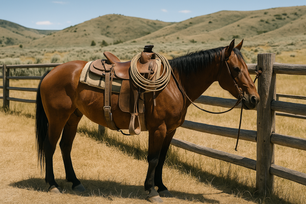 A saddled ranch horse tied at a corral fence on a dry summer Montana rangeland