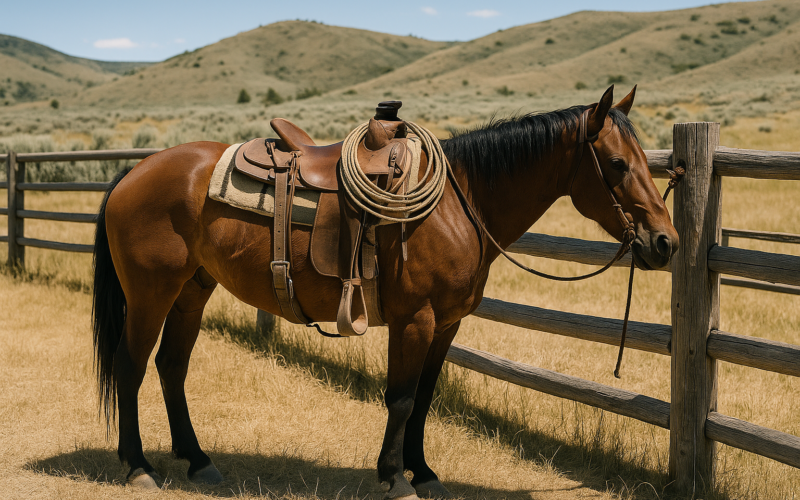 A saddled ranch horse tied at a corral fence on a dry summer Montana rangeland