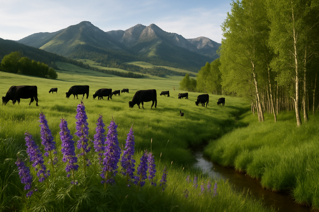 Purple-flowering larkspur growing in a wet draw on a green Montana foothill pasture with black cattle grazing in the distance below the mountains