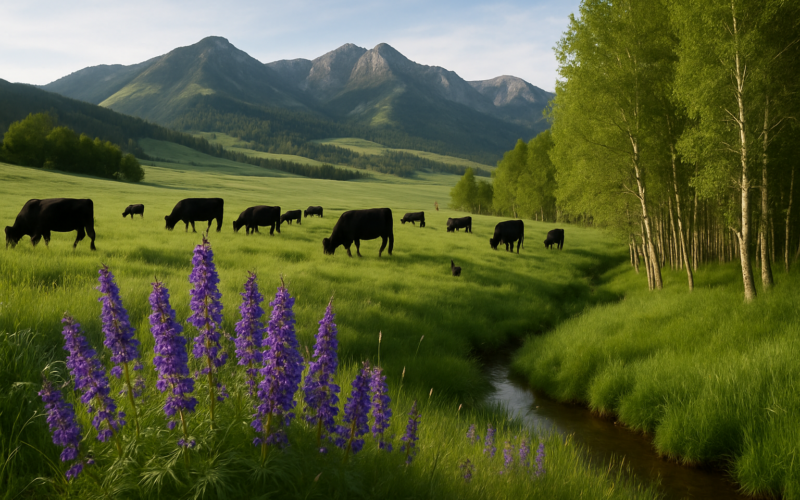 Purple-flowering larkspur growing in a wet draw on a green Montana foothill pasture with black cattle grazing in the distance below the mountains