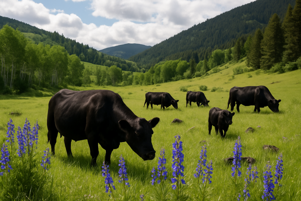 Black cattle grazing a green Montana foothill pasture with tall purple larkspur in the foreground and forested mountain slopes behind