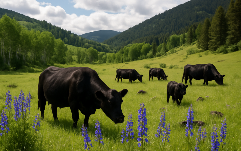Black cattle grazing a green Montana foothill pasture with tall purple larkspur in the foreground and forested mountain slopes behind
