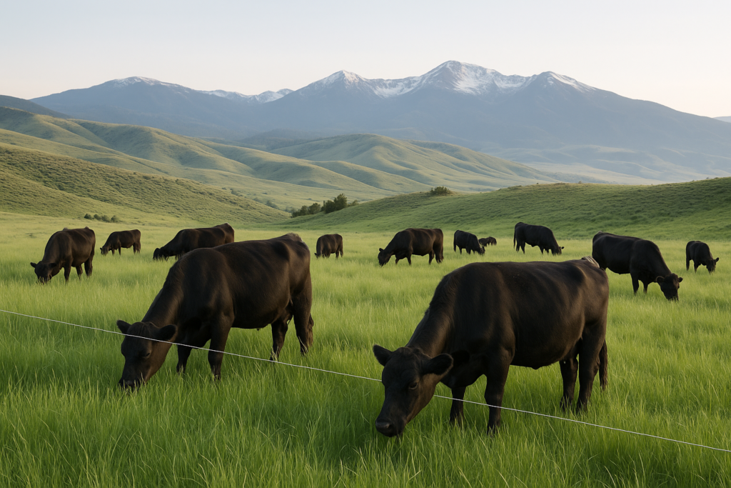 Black cattle grazing tall June grass on a Montana foothill pasture divided by temporary electric fence, with mountains in the distance