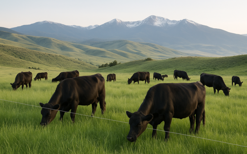 Black cattle grazing tall June grass on a Montana foothill pasture divided by temporary electric fence, with mountains in the distance