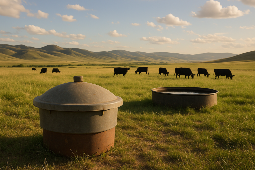 A covered mineral feeder on green Montana summer range with black cattle grazing near a stock tank and foothills behind