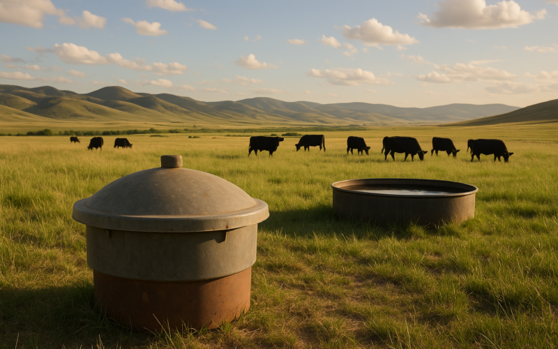 A covered mineral feeder on green Montana summer range with black cattle grazing near a stock tank and foothills behind