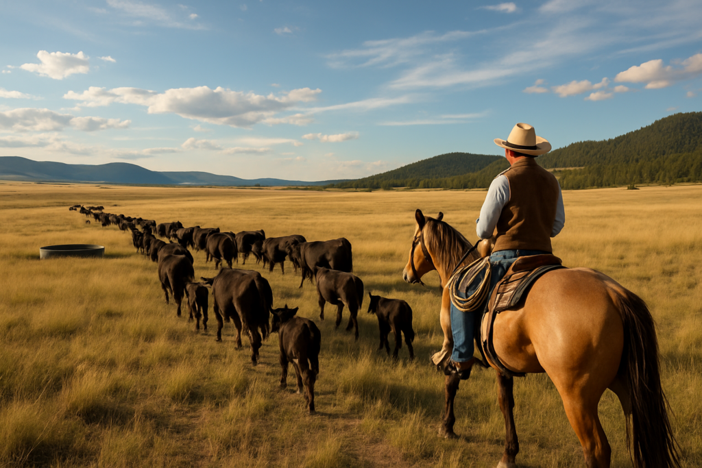 A rancher on horseback moving cow-calf pairs in a loose line across open Montana summer range toward water