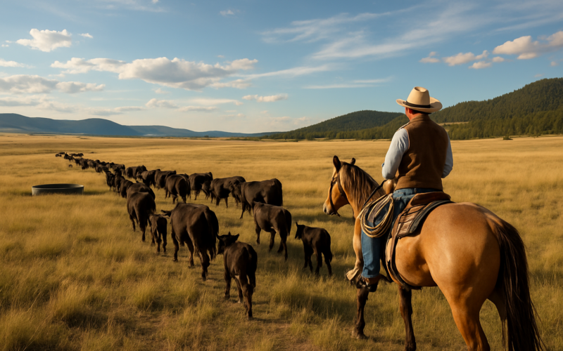 A rancher on horseback moving cow-calf pairs in a loose line across open Montana summer range toward water