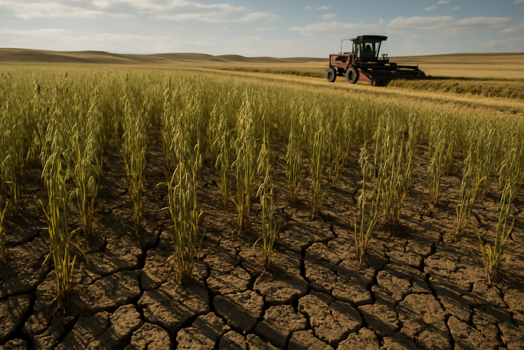 A drought-stressed cereal hay field in Montana with uneven oat stalks and a swather cutting windrows under a wide summer sky