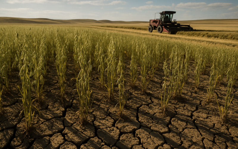 A drought-stressed cereal hay field in Montana with uneven oat stalks and a swather cutting windrows under a wide summer sky