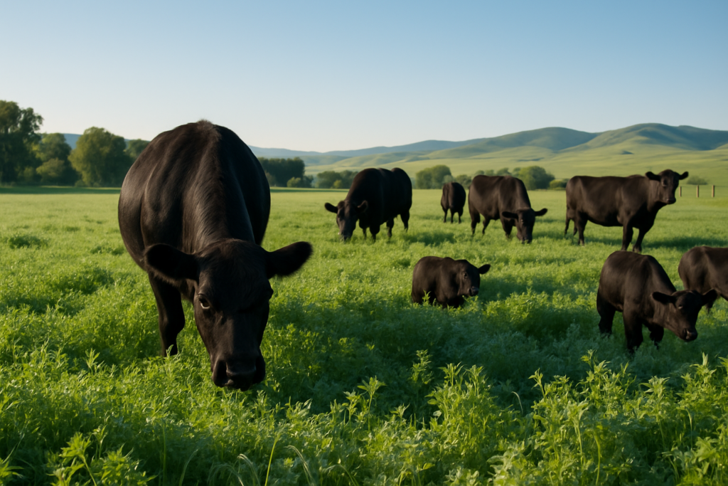 Black cattle grazing a lush green alfalfa and clover pasture in a Montana river bottom on a June morning